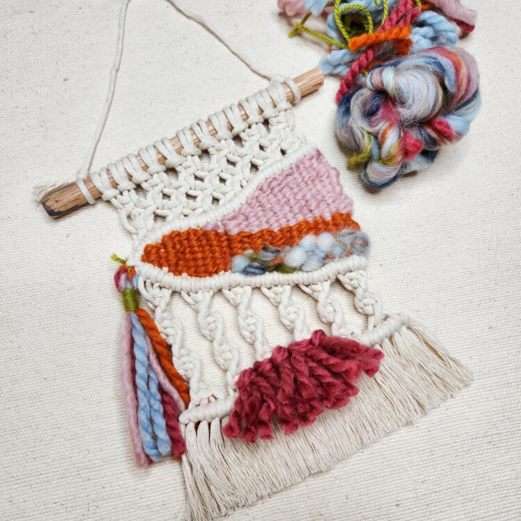 Saturday, September 30, 10 am – 2 pm
Haley Harnagel
Two fiber arts are better than one! Bring together techniques from macrame knotting and tapestry weaving to create a wall hanging that is rich in color and texture. Learn four basic macrame knots (larks head, spiral knot, square knot, and double half hitch) alongside basic tapestry weaving techniques. Customize with color and design variations to make your hanging unique. Gain the skills and confidence to use macraweaving in future projects.
Materials fee is $10, payable to instructor at the time of class, and includes the cord, yarn, and dowel needed for creating one tapestry, as well as an instructional guide.




Instructor Bio:
Haley Harnagel (she/her) is a fiber artist located in the southern suburbs of the Twin Cities. She started her adventure into fiber arts in 2019 with macramé and branched into tapestry weaving in 2020. Haley started teaching macramé and tapestry weaving in 2021 and completed a large-scale community project called Intertwining Stories: A Macro Macramé Project that focused on bringing the community together after the pandemic. lifeafteraverage.com



Review our COVID-19 Safety Protocols at Textile Center here.
Want to become a member and receive the member price when you register? Click HERE to check out our membership levels, add a membership to the cart, and save 10% on all classes plus other benefits, including supporting a great organization!